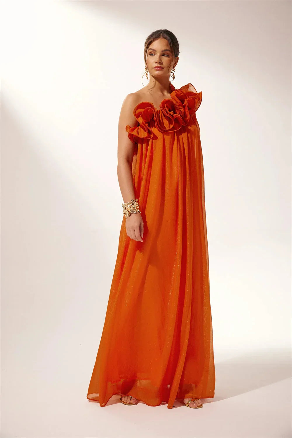 VougeVamp Chiffon Floral Draped Evening Dress - One-Shoulder A-Line Floor-Length Gown