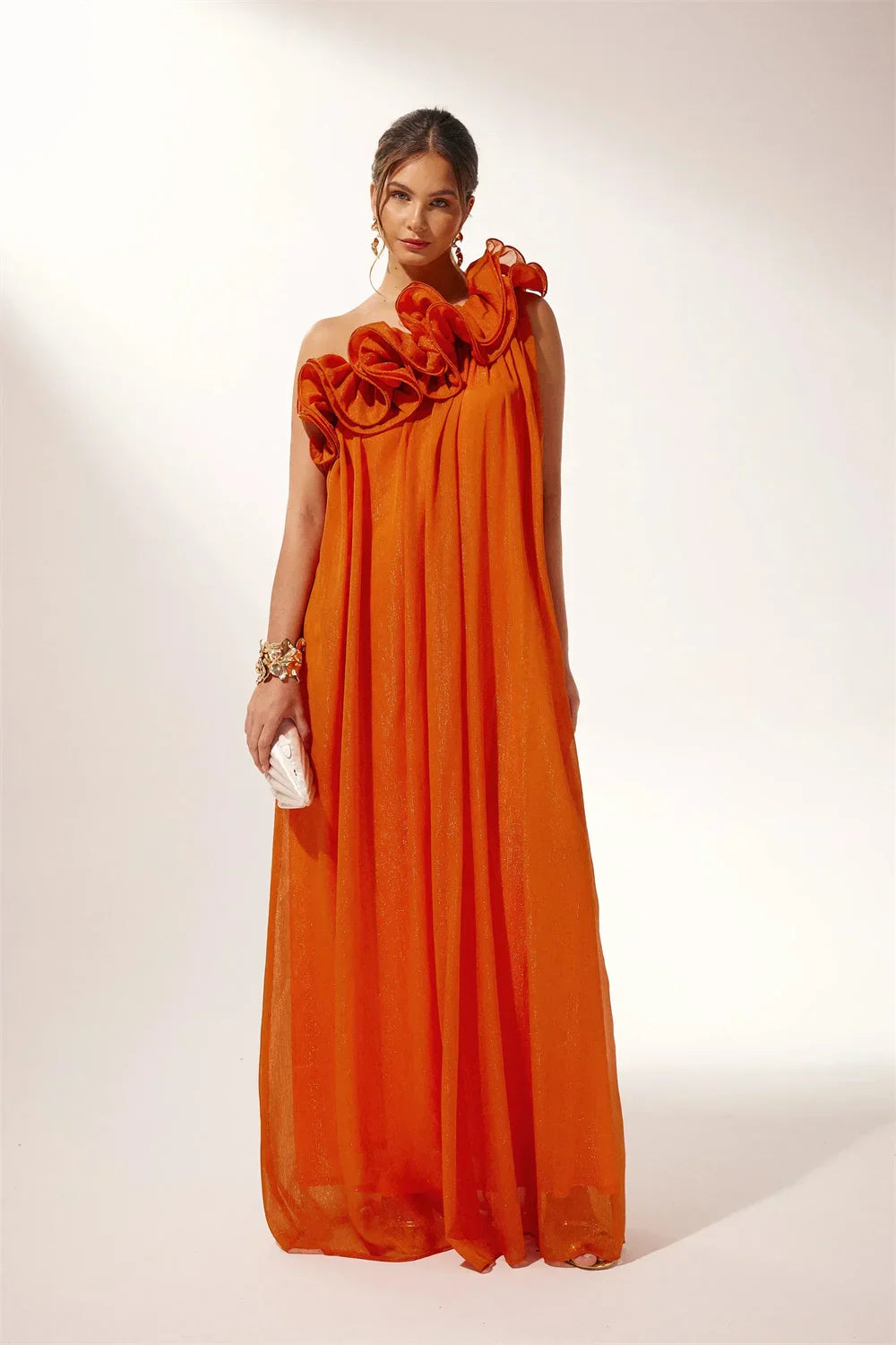 VougeVamp Chiffon Floral Draped Evening Dress - One-Shoulder A-Line Floor-Length Gown