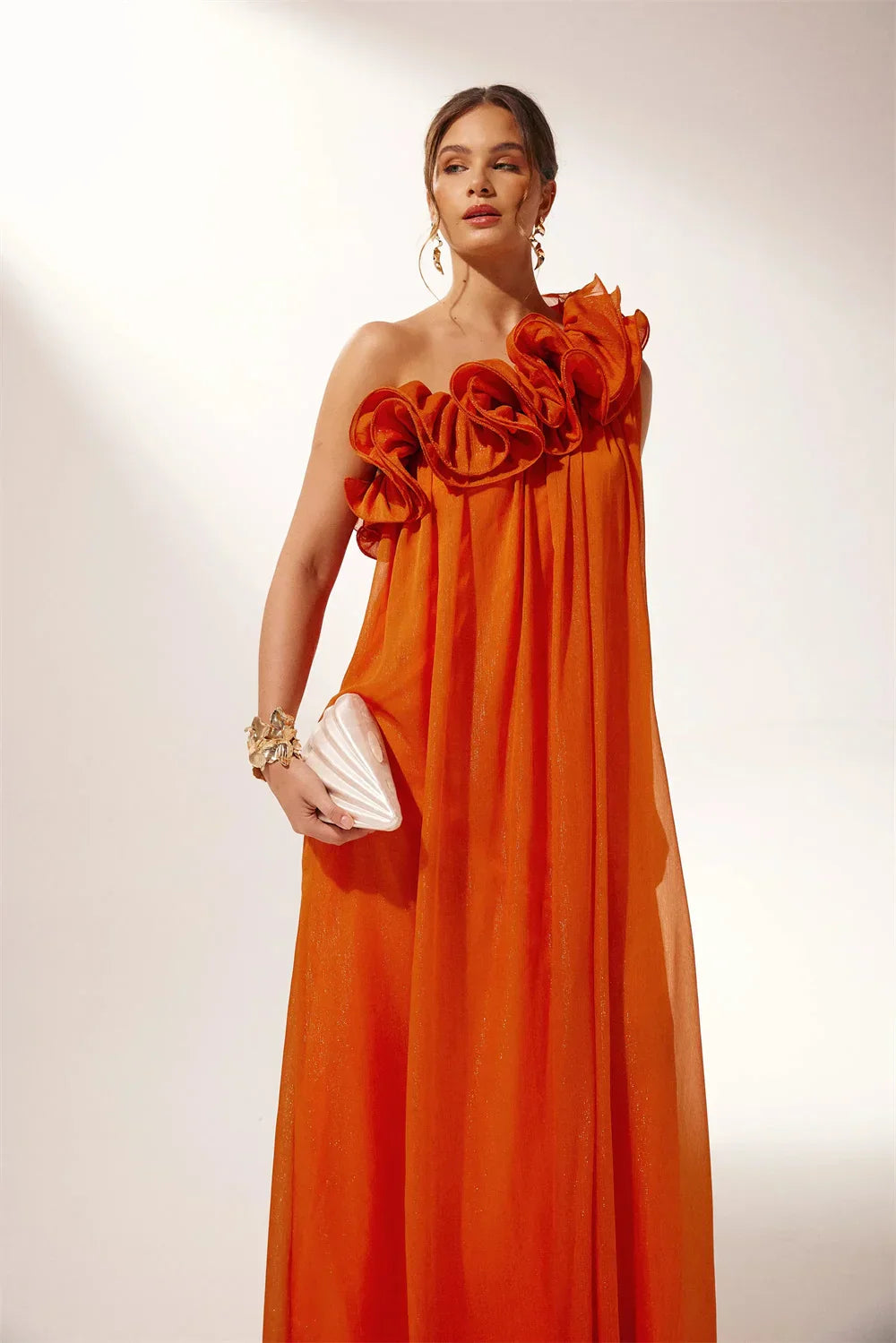 VougeVamp Chiffon Floral Draped Evening Dress - One-Shoulder A-Line Floor-Length Gown