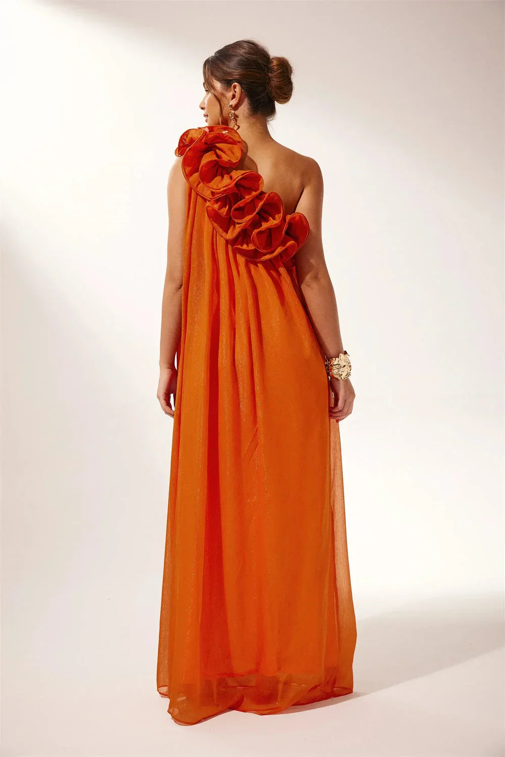 VougeVamp Chiffon Floral Draped Evening Dress - One-Shoulder A-Line Floor-Length Gown