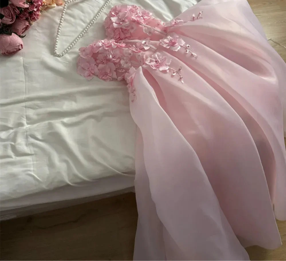 VougeVamp Baby Pink Organza Party Dress - Lace Embroidery A-Line Sleeveless Ankle-Length Gown