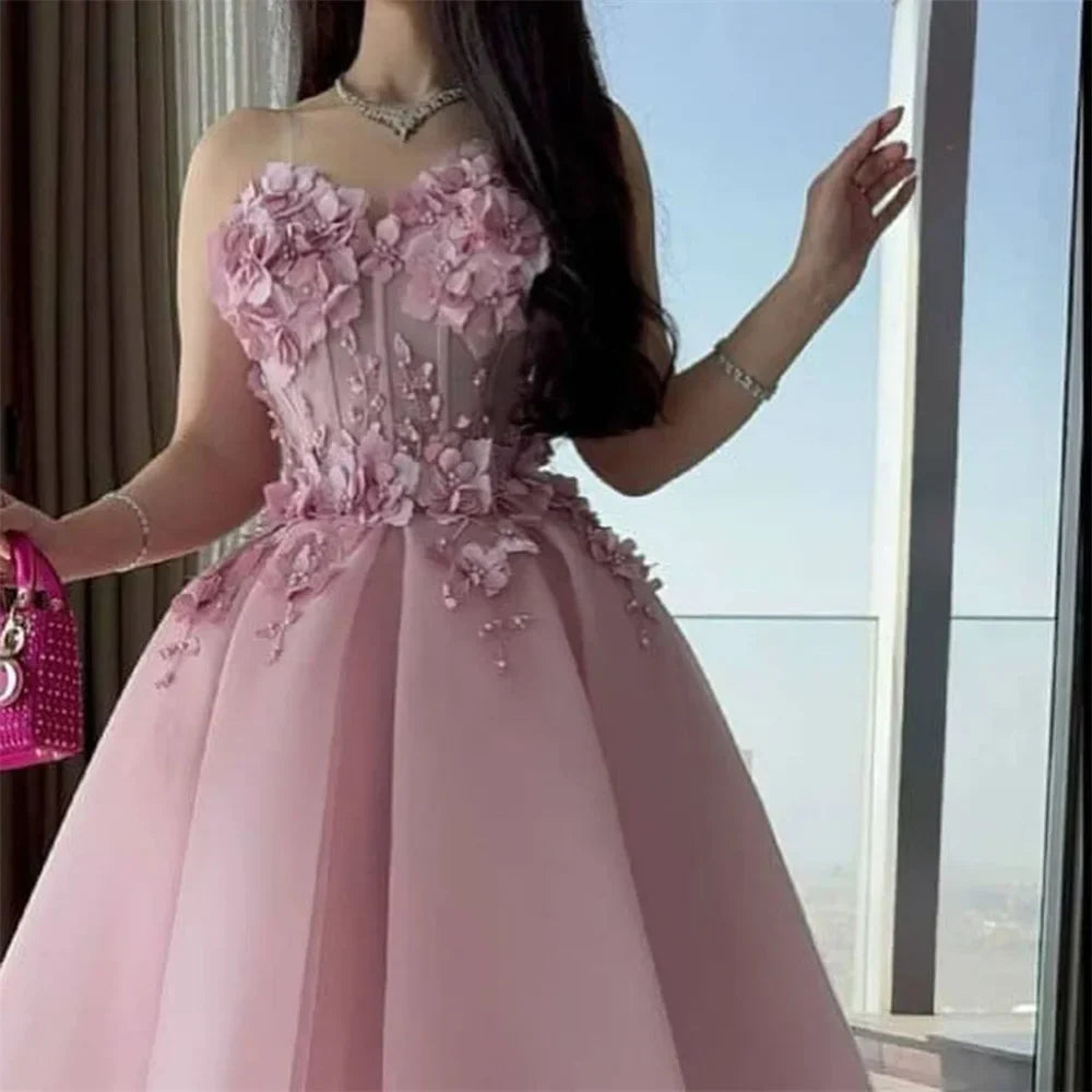 VougeVamp Baby Pink Organza Party Dress - Lace Embroidery A-Line Sleeveless Ankle-Length Gown