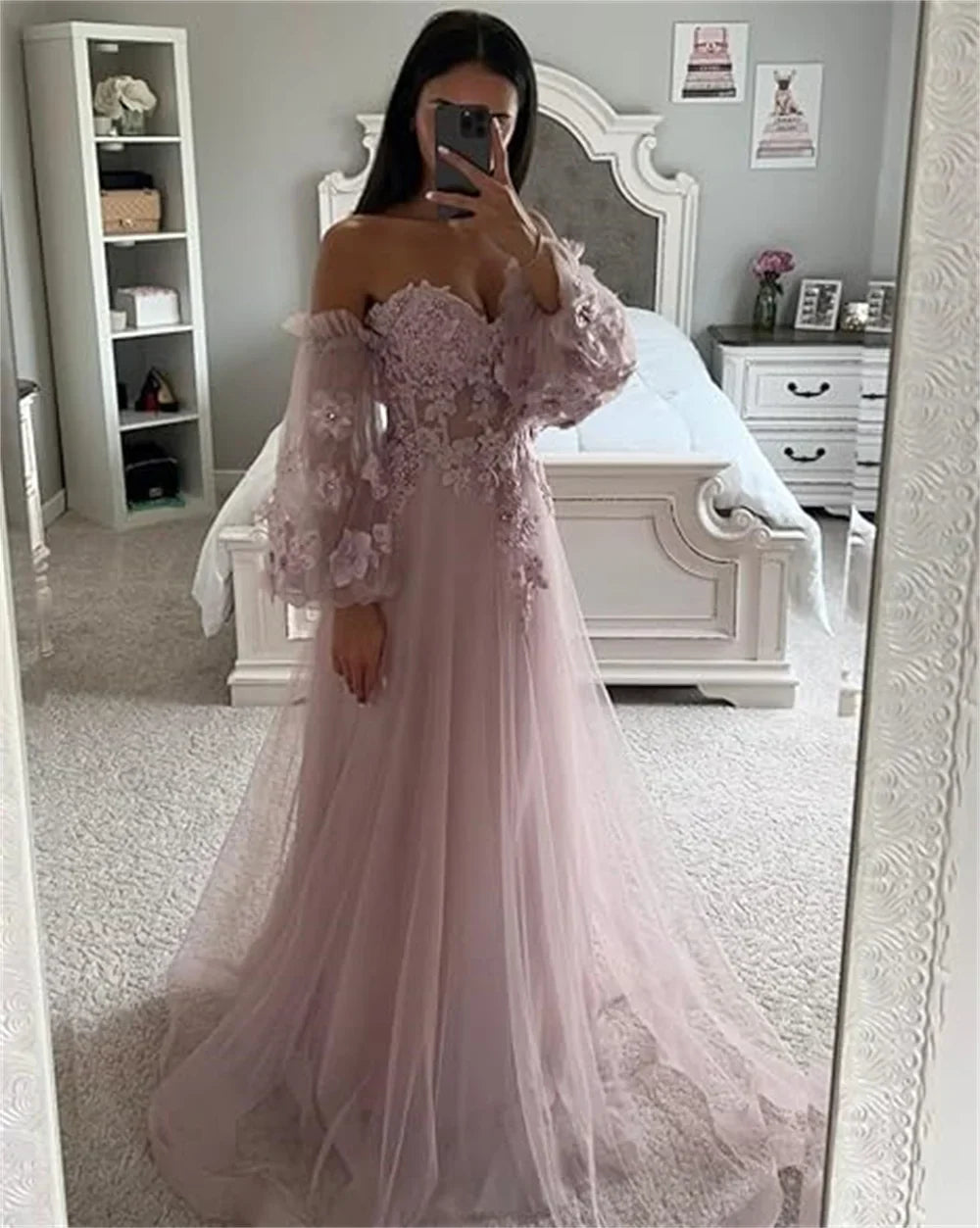 VougeVamp Embroidered Applique Prom Dress - Puff Sleeve A-Line Evening Gown for Weddings and Ceremonies