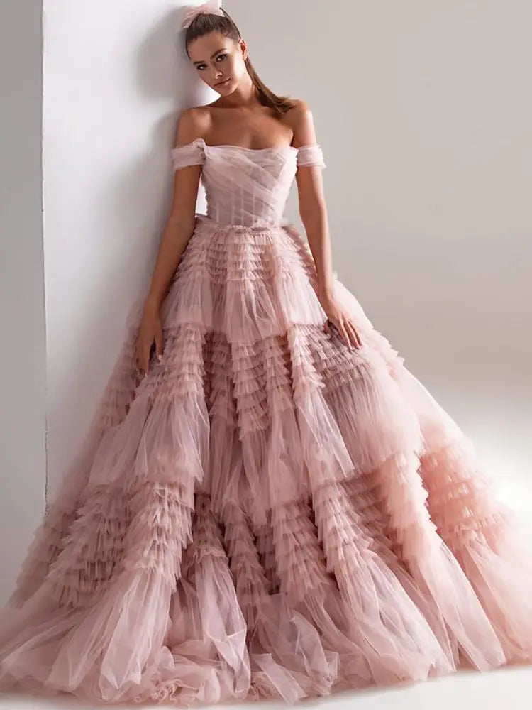 VougeVamp Light Pink Ball Gown Evening Dress - Off-Shoulder Tulle A-Line Prom Gown with Sweep Train