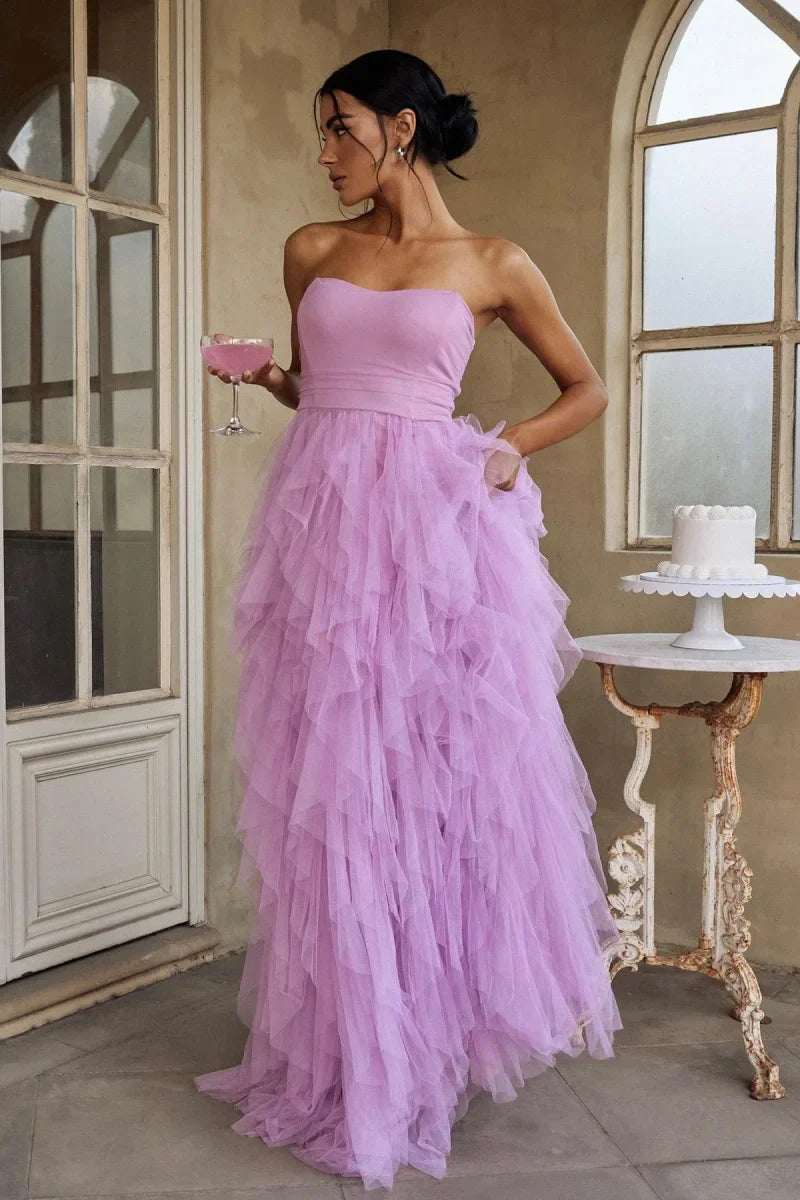 VougeVamp Pink Fairy Prom Dress - Multi-Layer Tulle Off-Shoulder A-Line Evening Gown