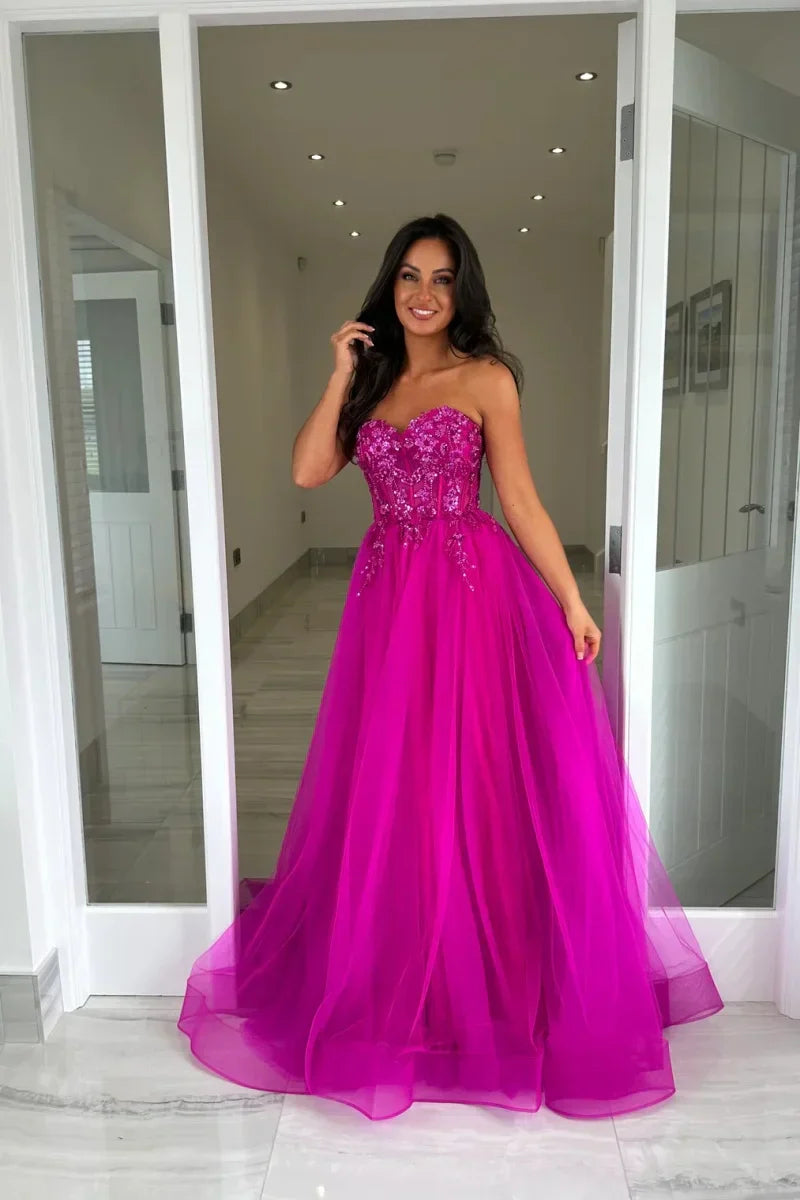 VougeVamp Purple Prom Dress - Glitter Embroidered Tulle Off-Shoulder A-Line Party Gown