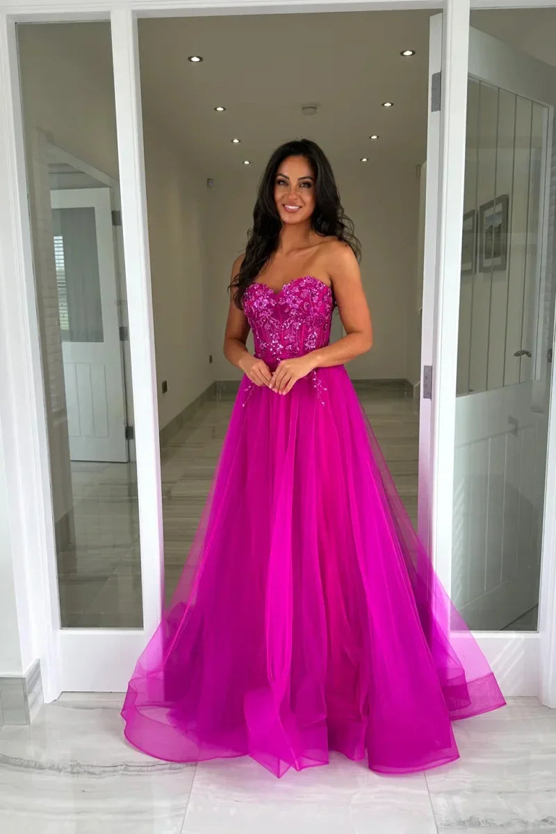 VougeVamp Purple Prom Dress - Glitter Embroidered Tulle Off-Shoulder A-Line Party Gown