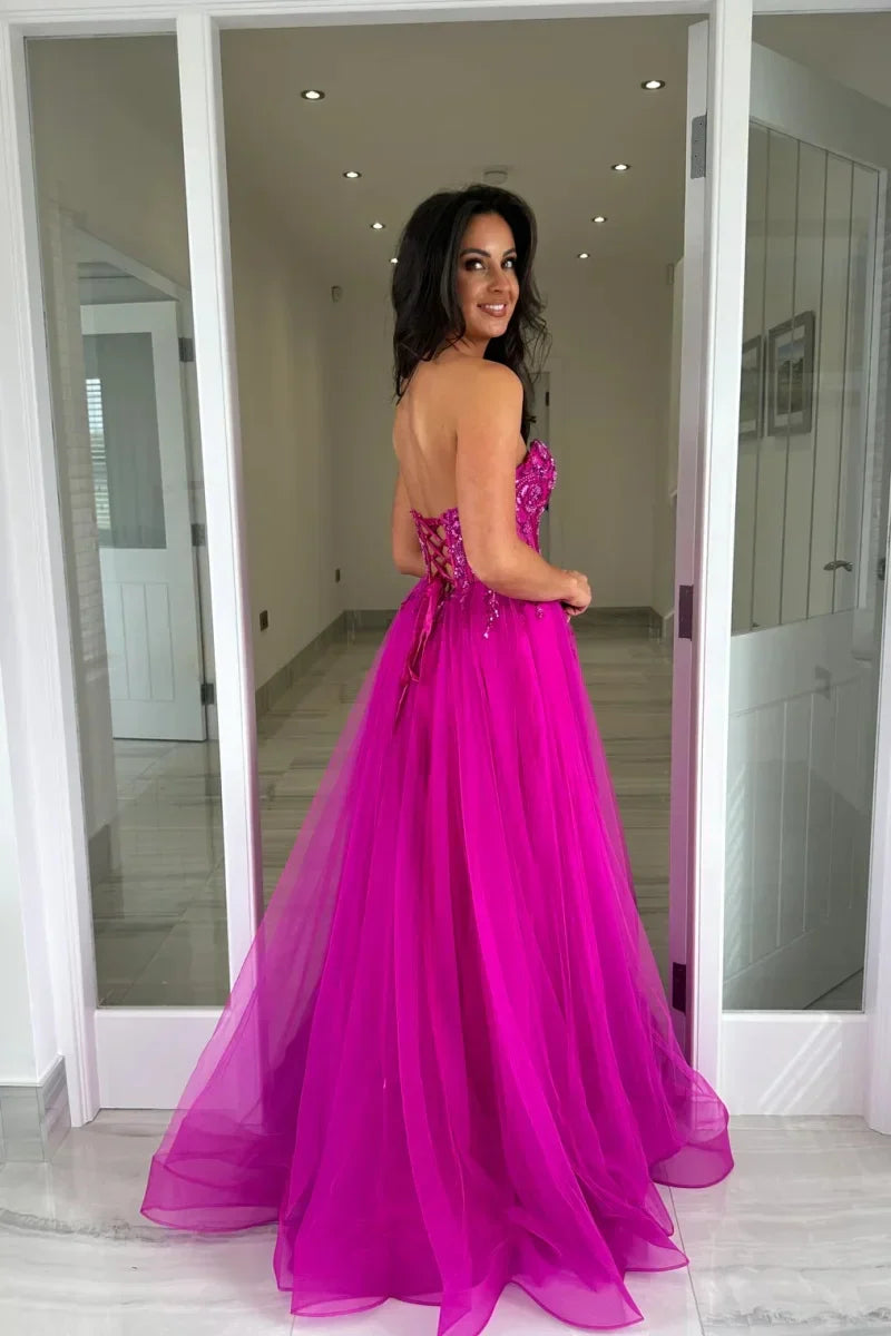 VougeVamp Purple Prom Dress - Glitter Embroidered Tulle Off-Shoulder A-Line Party Gown