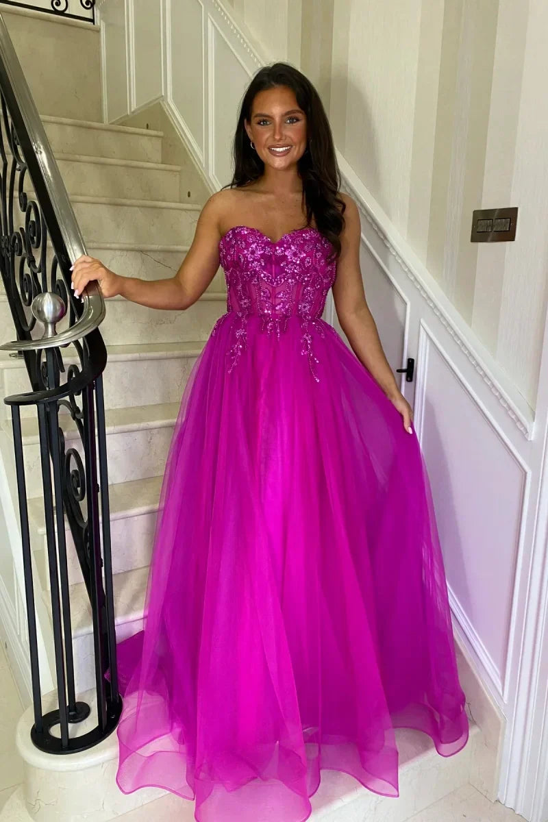 VougeVamp Purple Prom Dress - Glitter Embroidered Tulle Off-Shoulder A-Line Party Gown