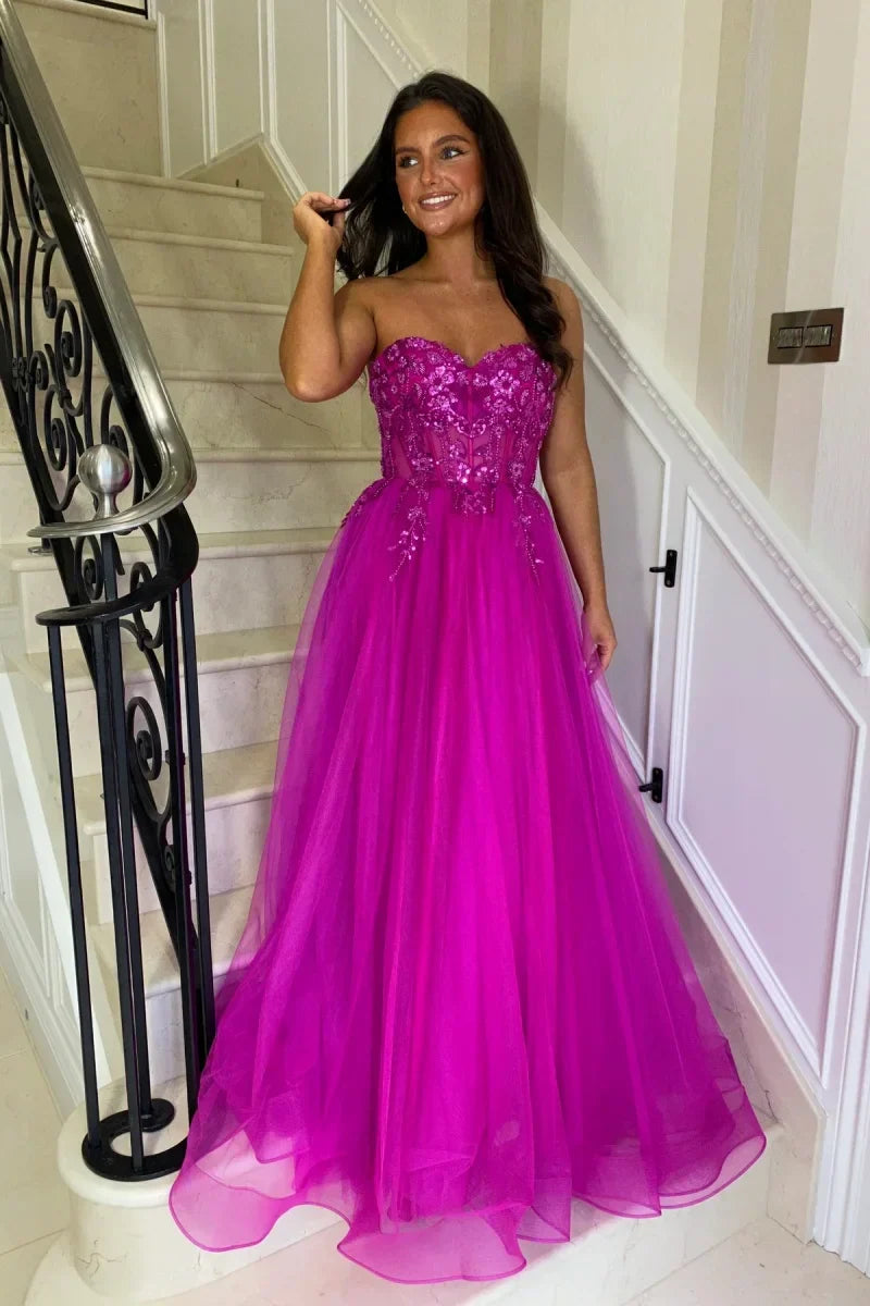 VougeVamp Purple Prom Dress - Glitter Embroidered Tulle Off-Shoulder A-Line Party Gown