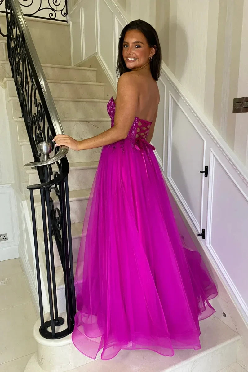 VougeVamp Purple Prom Dress - Glitter Embroidered Tulle Off-Shoulder A-Line Party Gown
