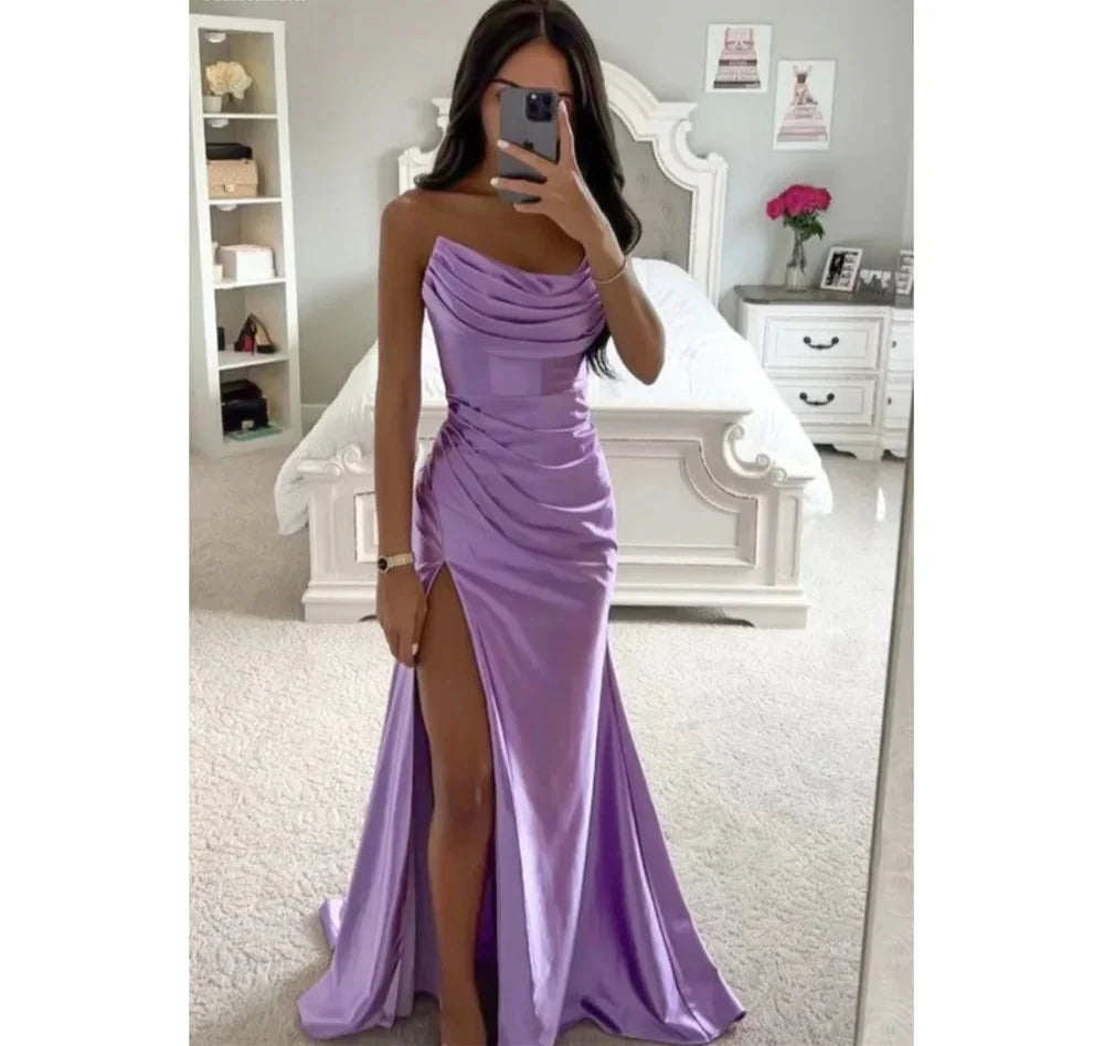 VougeVamp Side High Split Satin Mermaid Evening Dress - Strapless Floor-Length Gown with Pleats