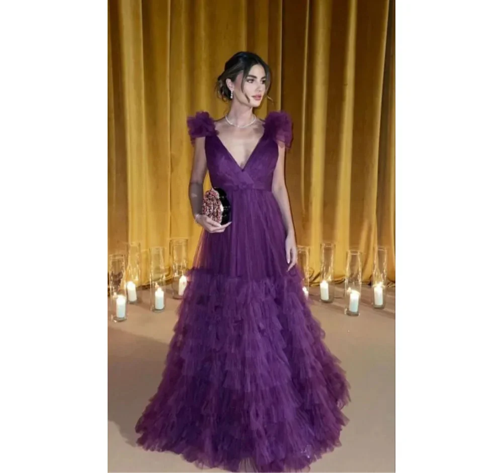 VougeVamp Exquisite Purple A-Line Lace Party Dress - Multilayer Sleeveless Floor-Length Gown
