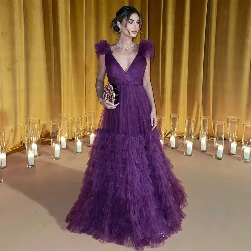 VougeVamp Exquisite Purple A-Line Lace Party Dress - Multilayer Sleeveless Floor-Length Gown