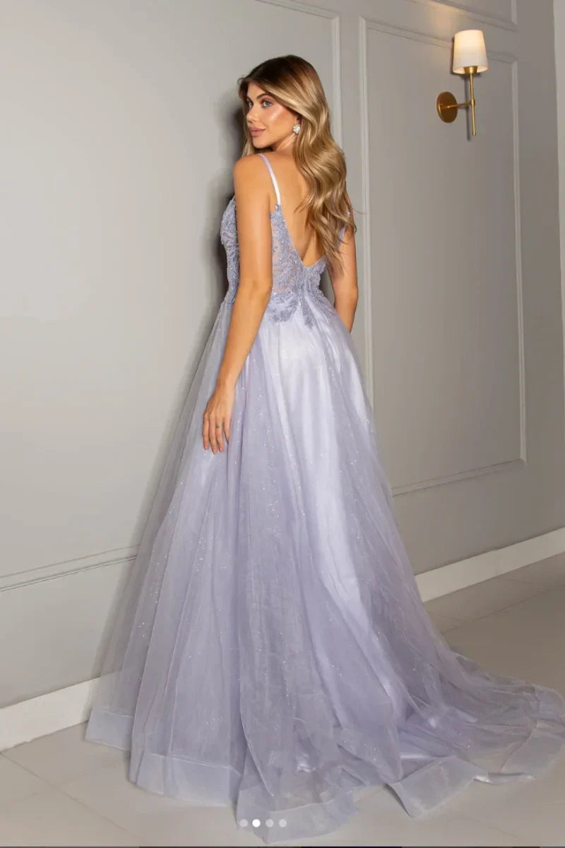 VougeVamp Gorgeous Sequin Embroidery Prom Dress - Purple V-Neck A-Line Glitter Tulle Gown