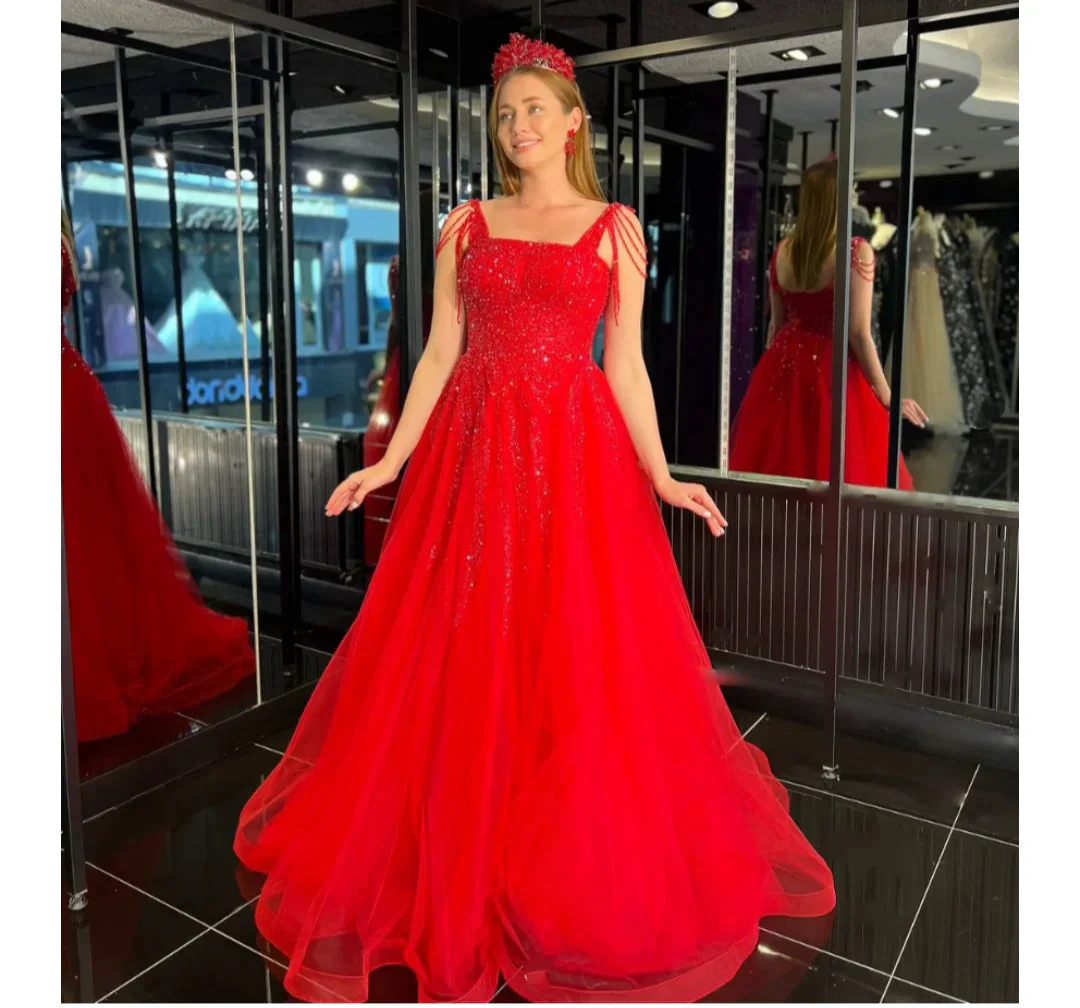 VougeVamp Sweet Red Wedding Dress with Embroidered Beads - Spaghetti Strap A-Line Tulle Gown