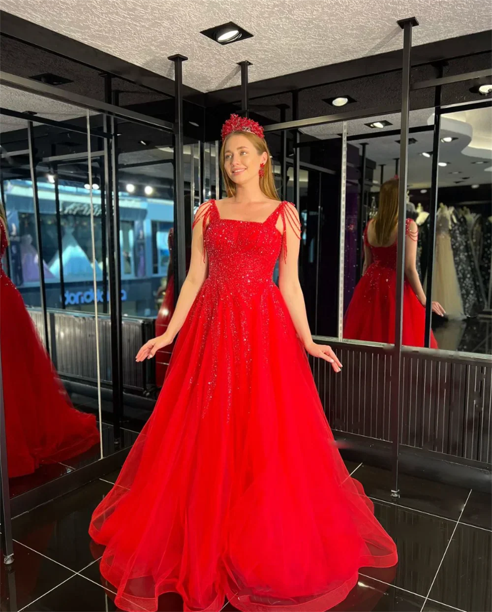 VougeVamp Sweet Red Wedding Dress with Embroidered Beads - Spaghetti Strap A-Line Tulle Gown