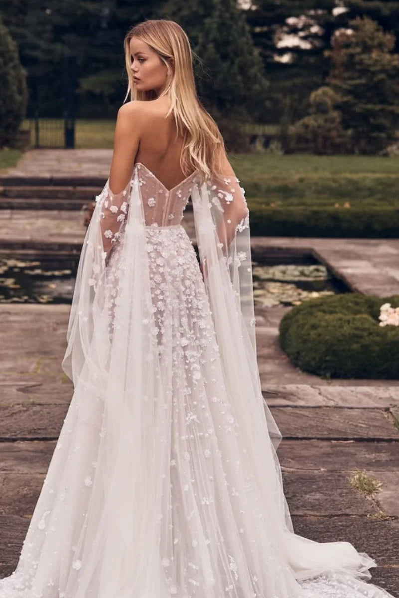 VougeVamp White Prom Dress with 3D Floral Decals - Off-Shoulder A-Line Evening Gown with Tulle Shawl