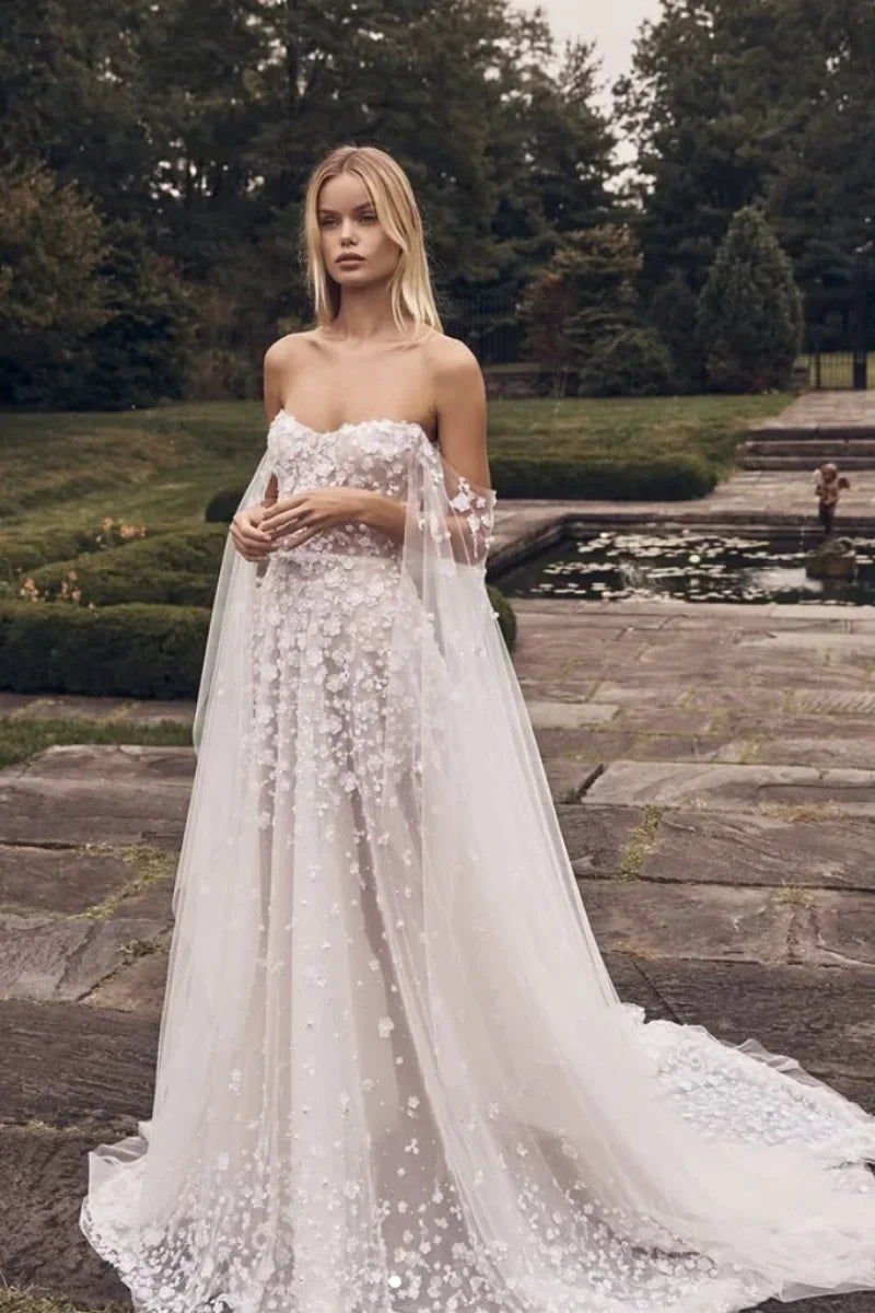 VougeVamp White Prom Dress with 3D Floral Decals - Off-Shoulder A-Line Evening Gown with Tulle Shawl