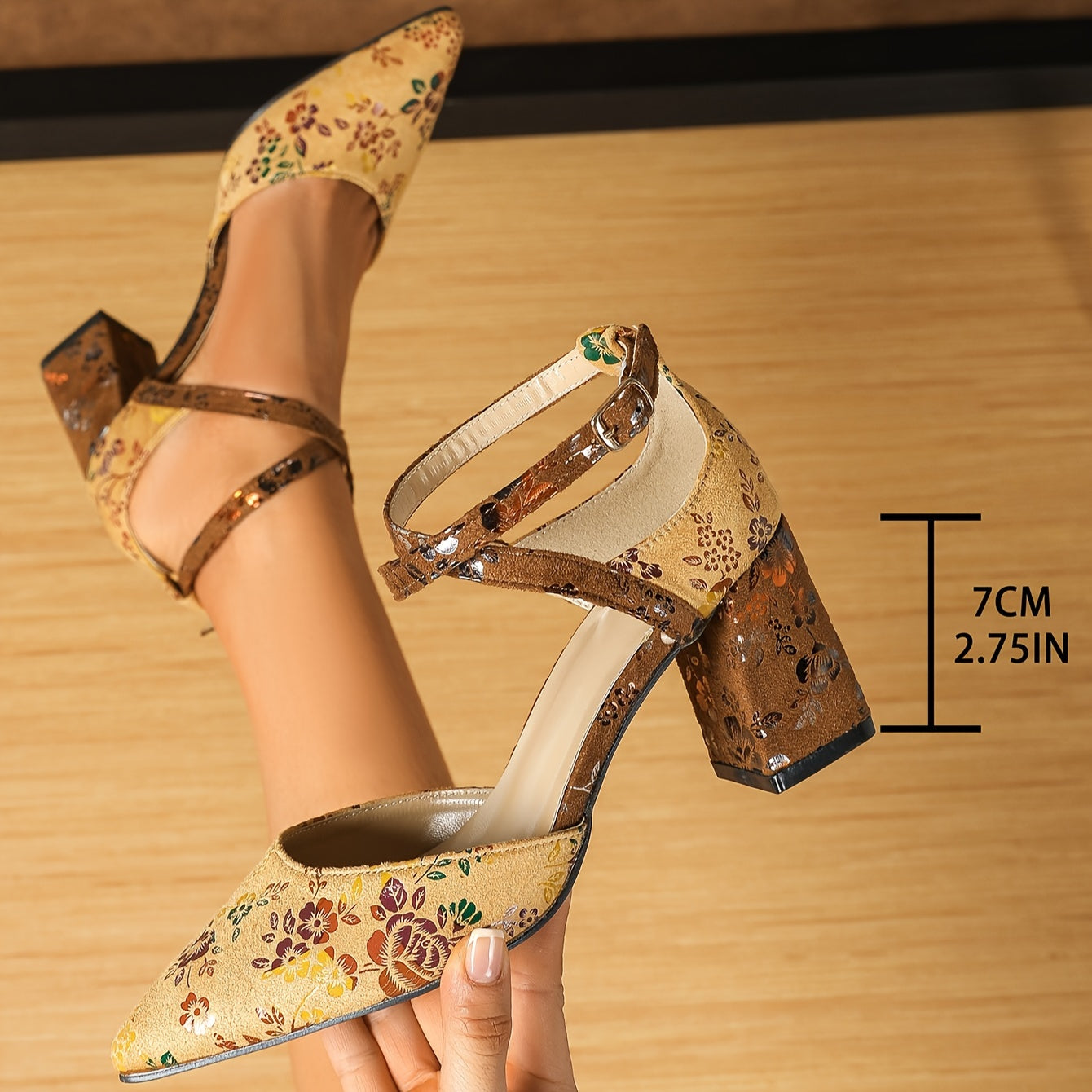 VougeVamp Waterproof Floral Pointed High Heels – Elegant Chunky Heel for Work & Parties