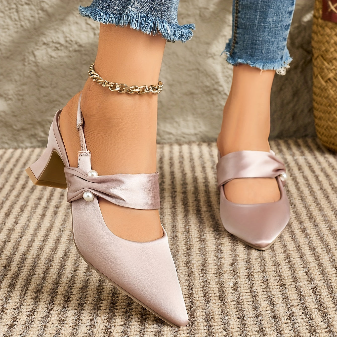 VougeVamp Elegant Mary Jane Heels – Pink Silk Strap, Chic Mid-High Block Heel