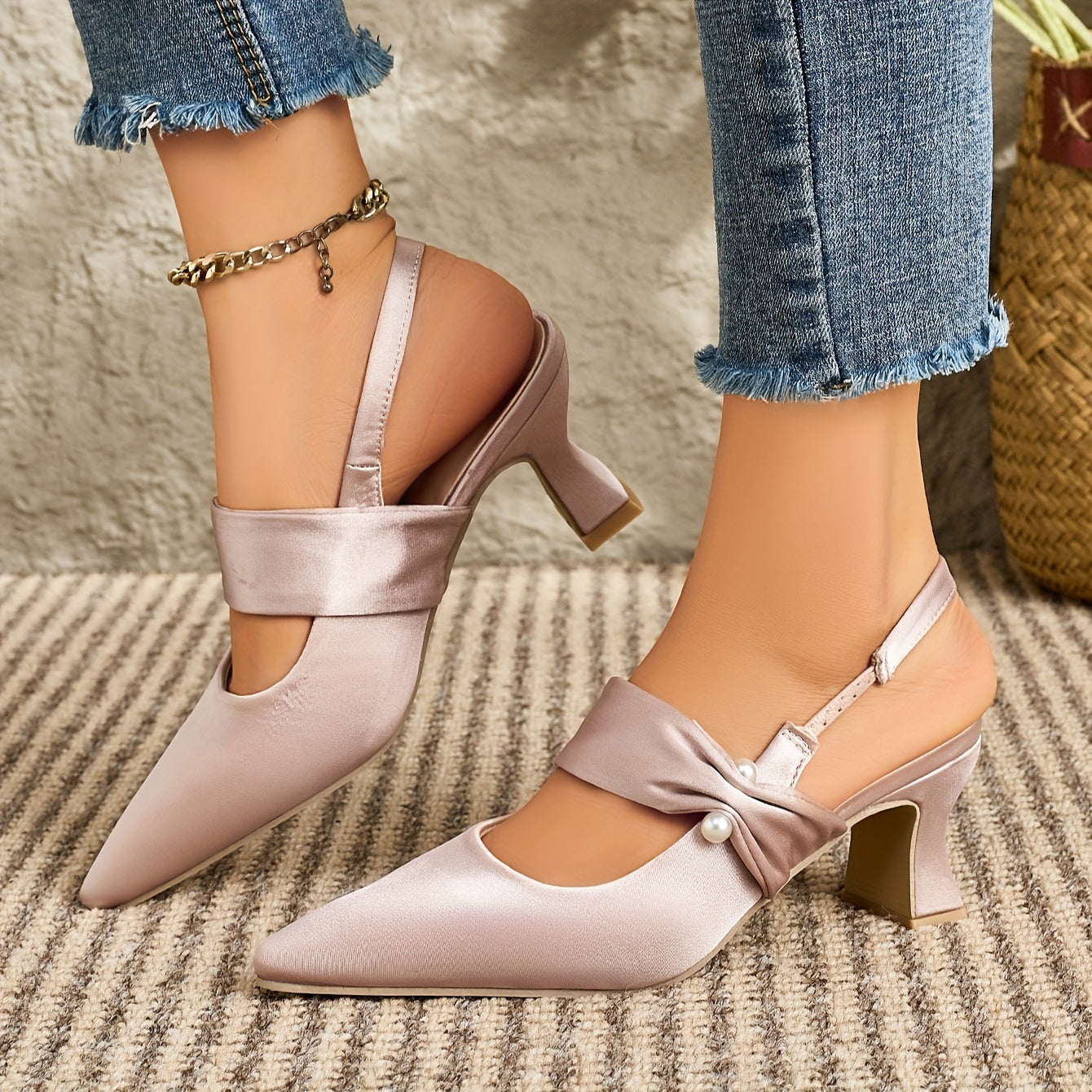 VougeVamp Elegant Mary Jane Heels – Pink Silk Strap, Chic Mid-High Block Heel