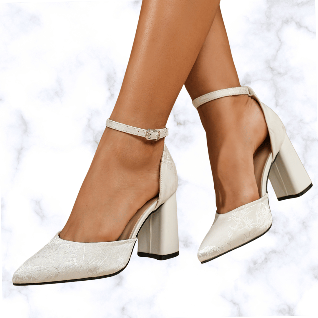 French Pointed Toe High Heels with Buckle Strap – Light Color Thick Heel Hollow Fairy-Style Pumps for Women