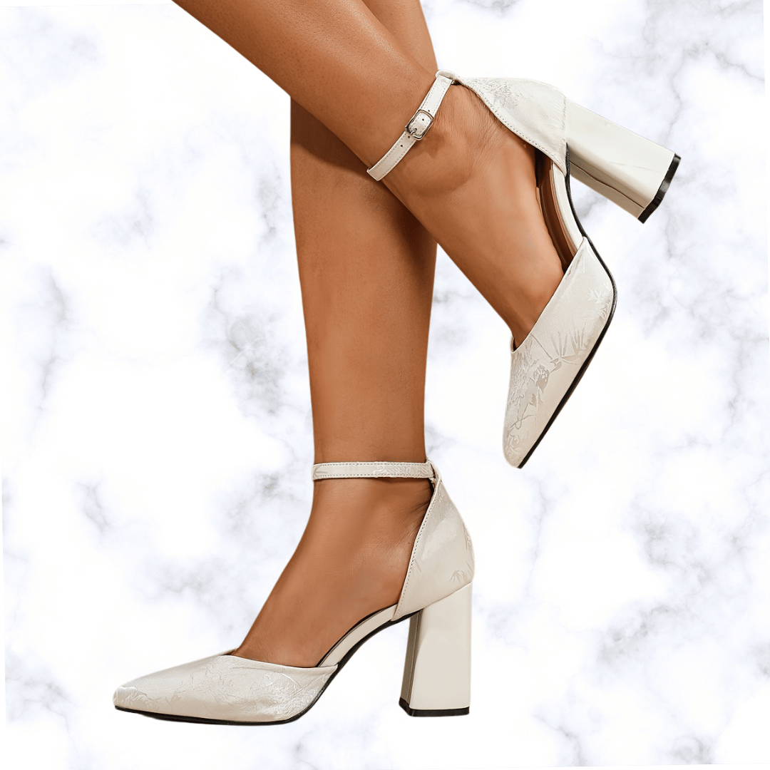 French Pointed Toe High Heels with Buckle Strap – Light Color Thick Heel Hollow Fairy-Style Pumps for Women