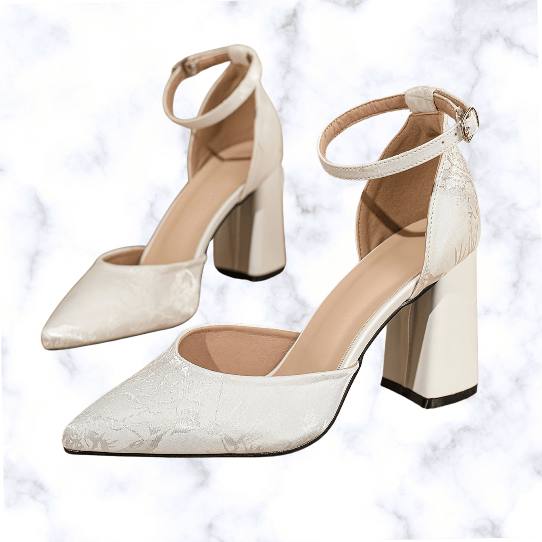 French Pointed Toe High Heels with Buckle Strap – Light Color Thick Heel Hollow Fairy-Style Pumps for Women