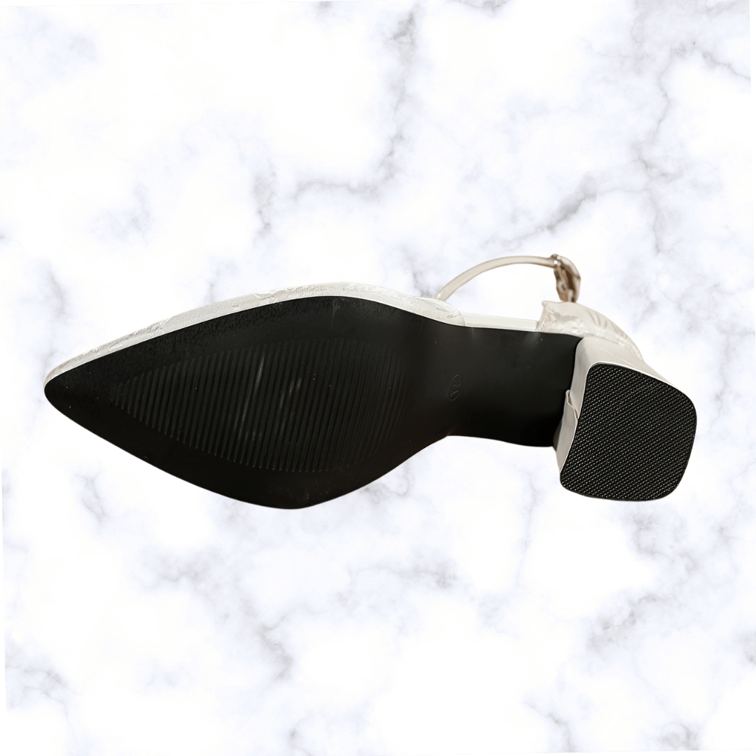 French Pointed Toe High Heels with Buckle Strap – Light Color Thick Heel Hollow Fairy-Style Pumps for Women