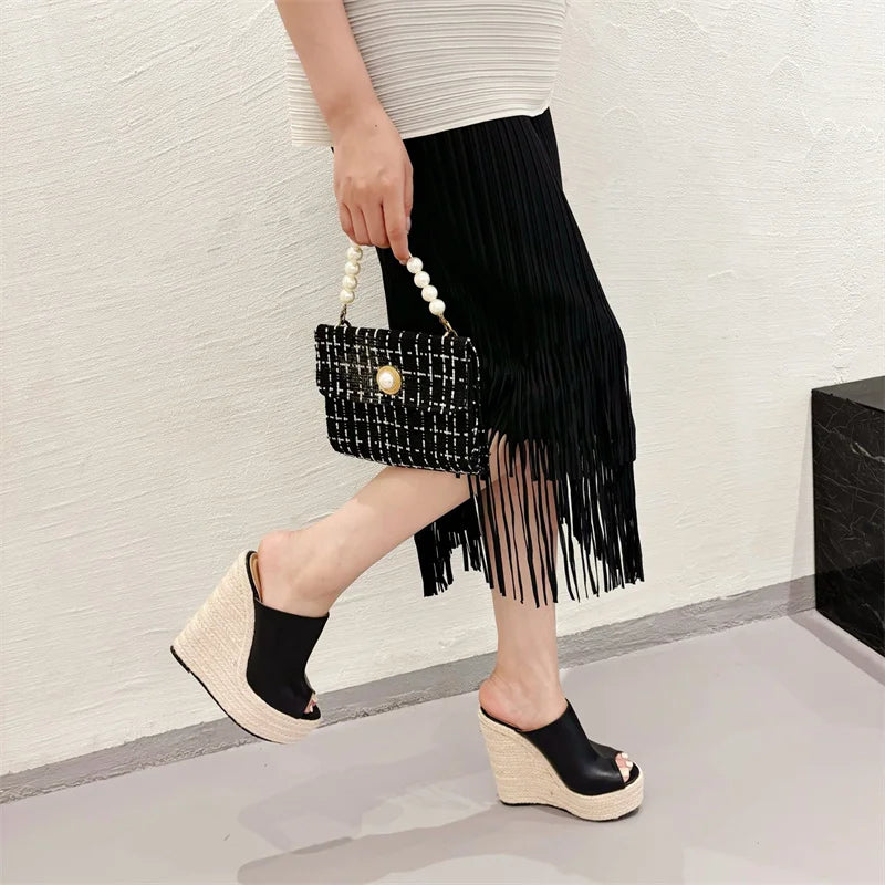 VougeVamp Women’s Straw Rope Weave Platform Slippers – Handmade Summer Sandals with Super High Wedge Heels