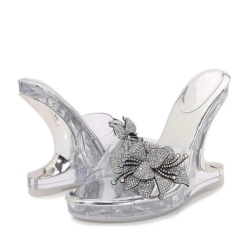 VougeVamp Crystal Flower PVC Wedge Slippers - Open Toe High Heel Platform Sandals for Women