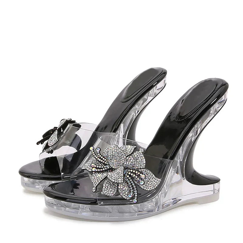 VougeVamp Crystal Flower PVC Wedge Slippers - Open Toe High Heel Platform Sandals for Women