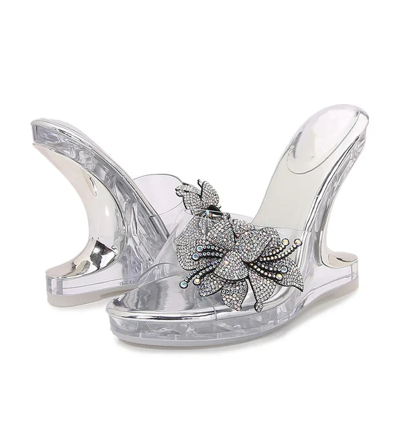 VougeVamp Crystal Flower PVC Wedge Slippers - Open Toe High Heel Platform Sandals for Women