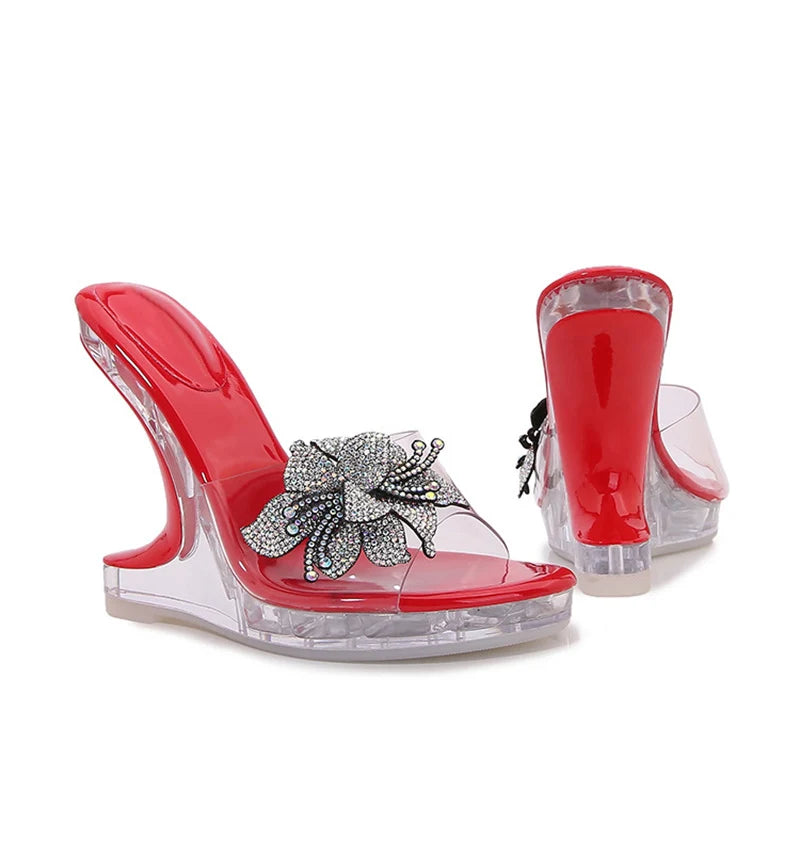 VougeVamp Crystal Flower PVC Wedge Slippers - Open Toe High Heel Platform Sandals for Women