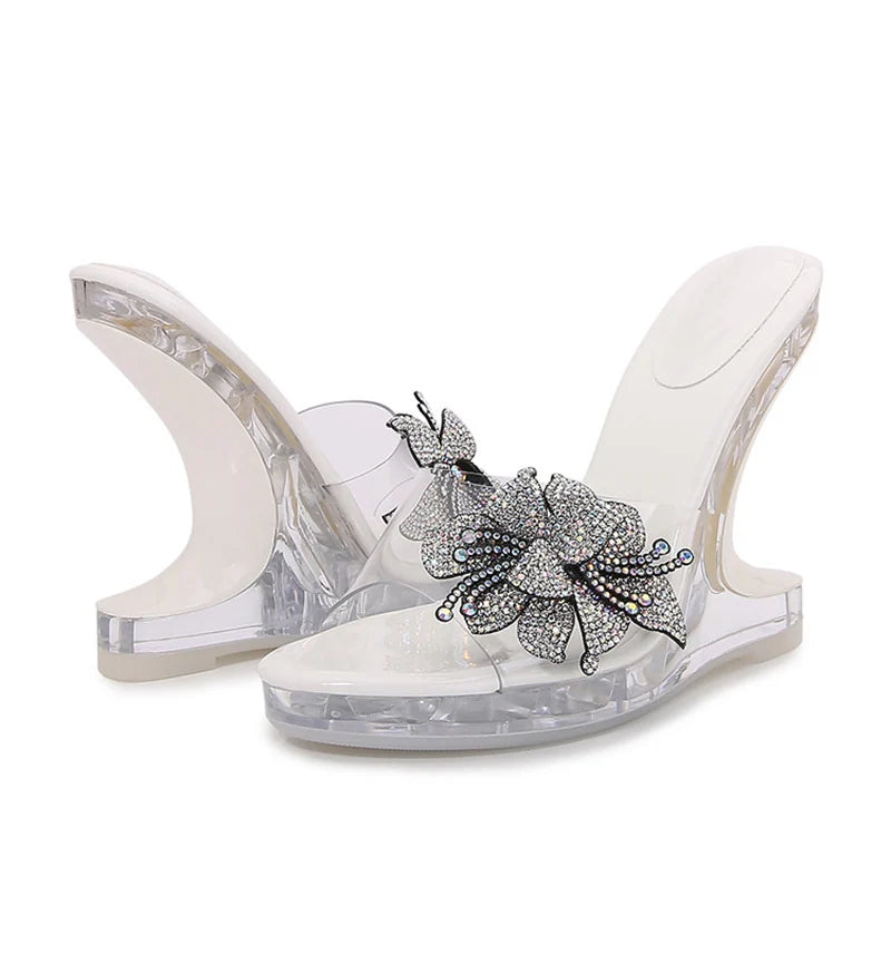 VougeVamp Crystal Flower PVC Wedge Slippers - Open Toe High Heel Platform Sandals for Women