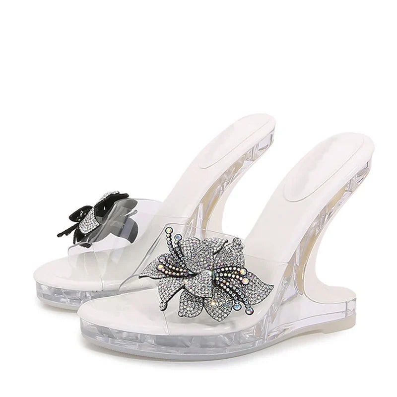 VougeVamp Crystal Flower PVC Wedge Slippers - Open Toe High Heel Platform Sandals for Women