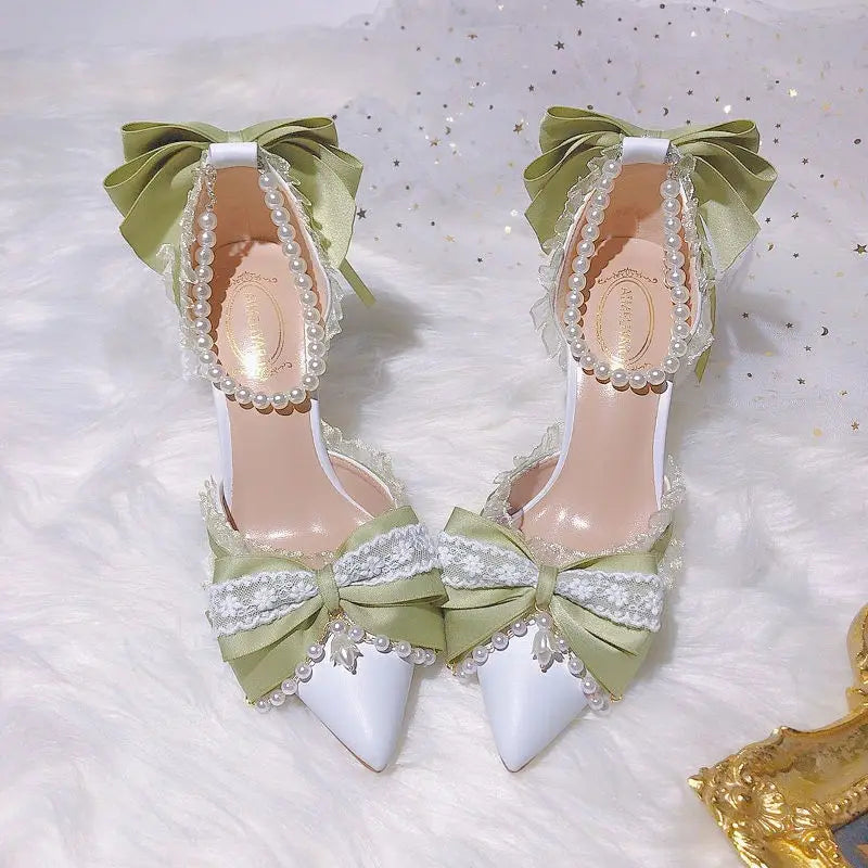 VougeVamp Green Pearl Lace Lolita High Heels for Women - Elegant Pointed Toe Thin Heel Ankle Strap Bridal Designer Pumps
