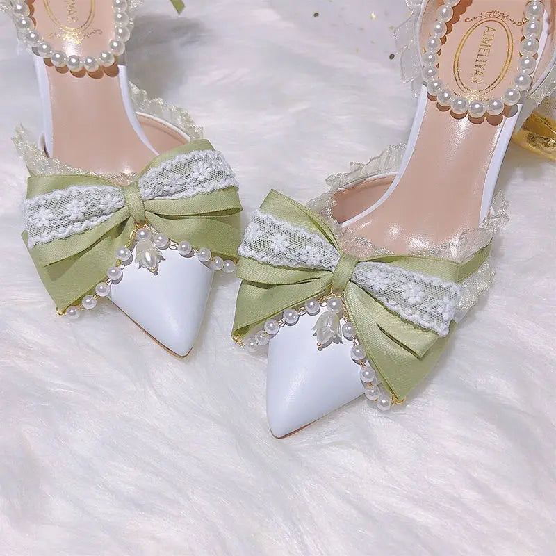 VougeVamp Green Pearl Lace Lolita High Heels for Women - Elegant Pointed Toe Thin Heel Ankle Strap Bridal Designer Pumps