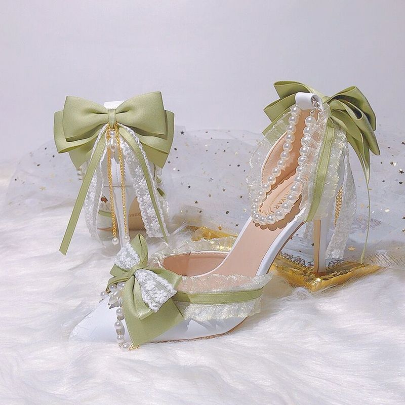 VougeVamp Green Pearl Lace Lolita High Heels for Women - Elegant Pointed Toe Thin Heel Ankle Strap Bridal Designer Pumps