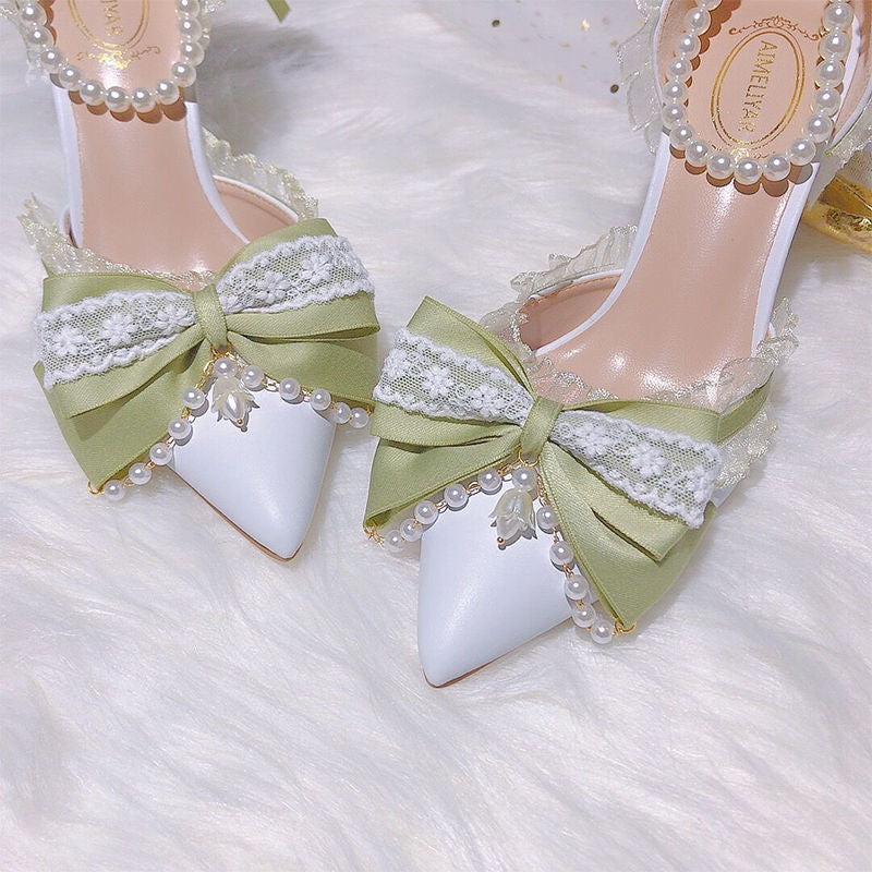 VougeVamp Green Pearl Lace Lolita High Heels for Women - Elegant Pointed Toe Thin Heel Ankle Strap Bridal Designer Pumps