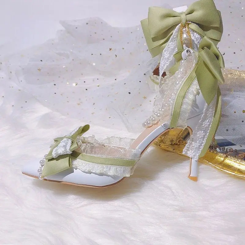 VougeVamp Green Pearl Lace Lolita High Heels for Women - Elegant Pointed Toe Thin Heel Ankle Strap Bridal Designer Pumps