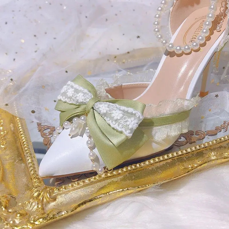 VougeVamp Green Pearl Lace Lolita High Heels for Women - Elegant Pointed Toe Thin Heel Ankle Strap Bridal Designer Pumps