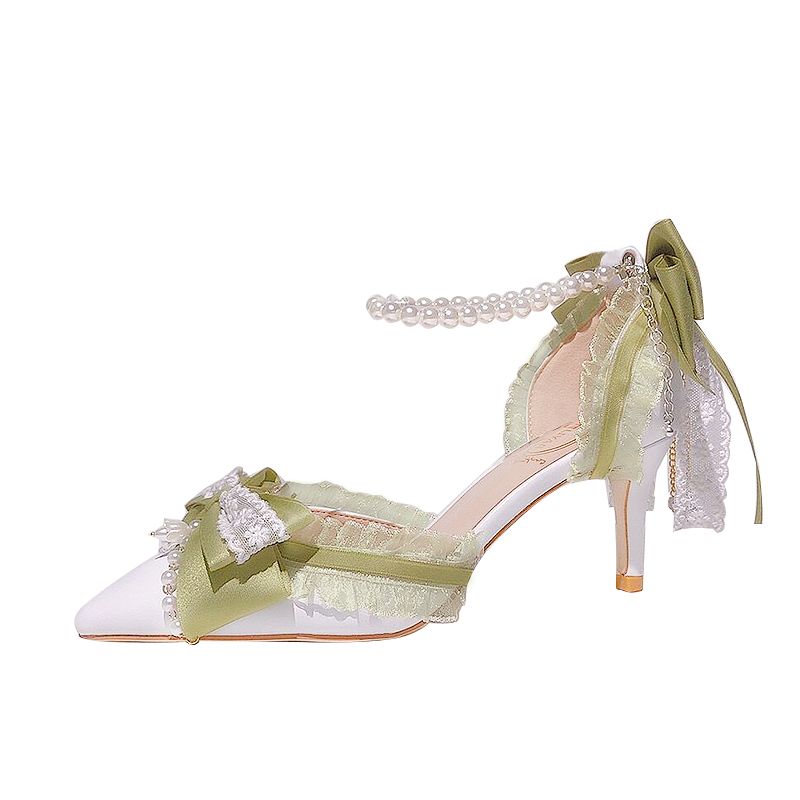 VougeVamp Green Pearl Lace Lolita High Heels for Women - Elegant Pointed Toe Thin Heel Ankle Strap Bridal Designer Pumps