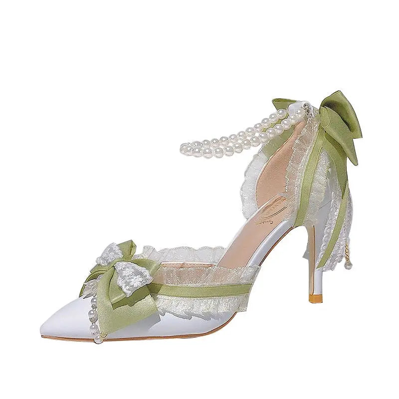 VougeVamp Green Pearl Lace Lolita High Heels for Women - Elegant Pointed Toe Thin Heel Ankle Strap Bridal Designer Pumps