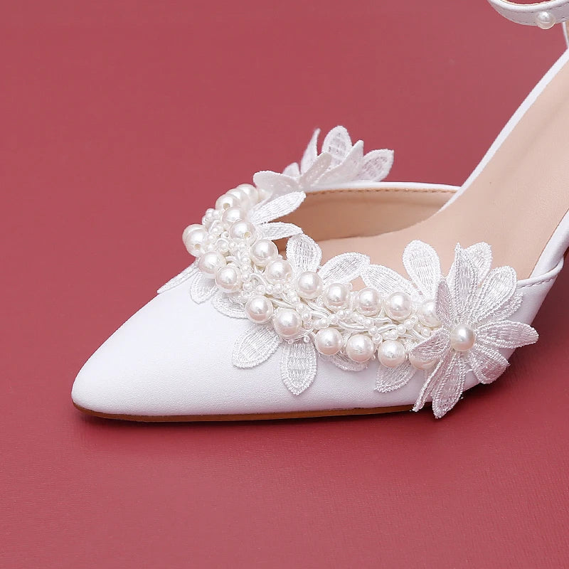 VougeVamp Designer Handmade Sweet White Satin Bridal Sandals – Pointed Toe Stiletto Heels with Lace Flower & Pearl Ankle Strap
