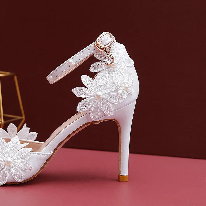 VougeVamp Designer Handmade Sweet White Satin Bridal Sandals – Pointed Toe Stiletto Heels with Lace Flower & Pearl Ankle Strap
