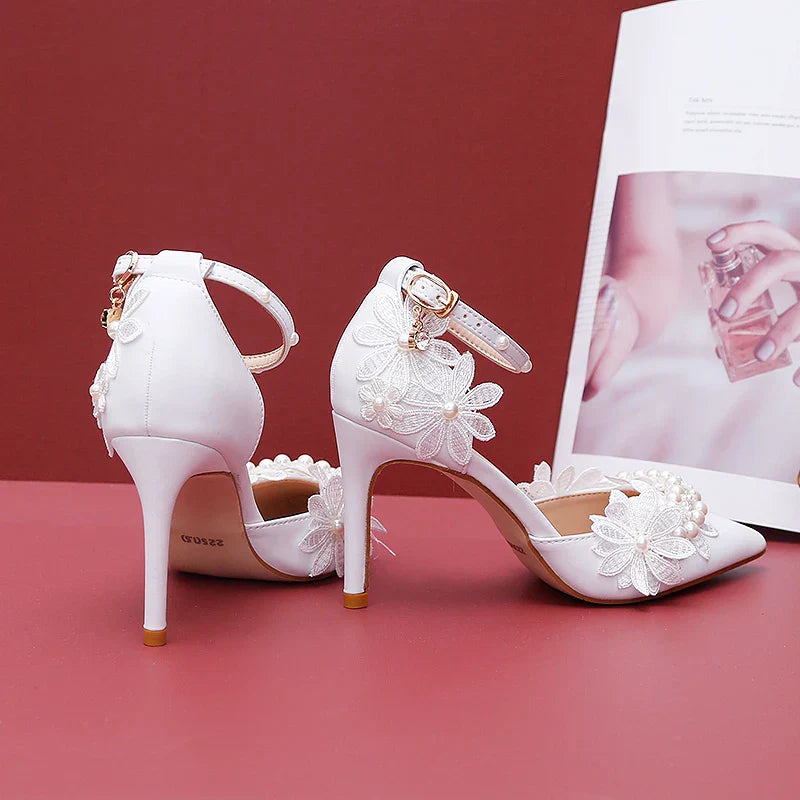 VougeVamp Designer Handmade Sweet White Satin Bridal Sandals – Pointed Toe Stiletto Heels with Lace Flower & Pearl Ankle Strap