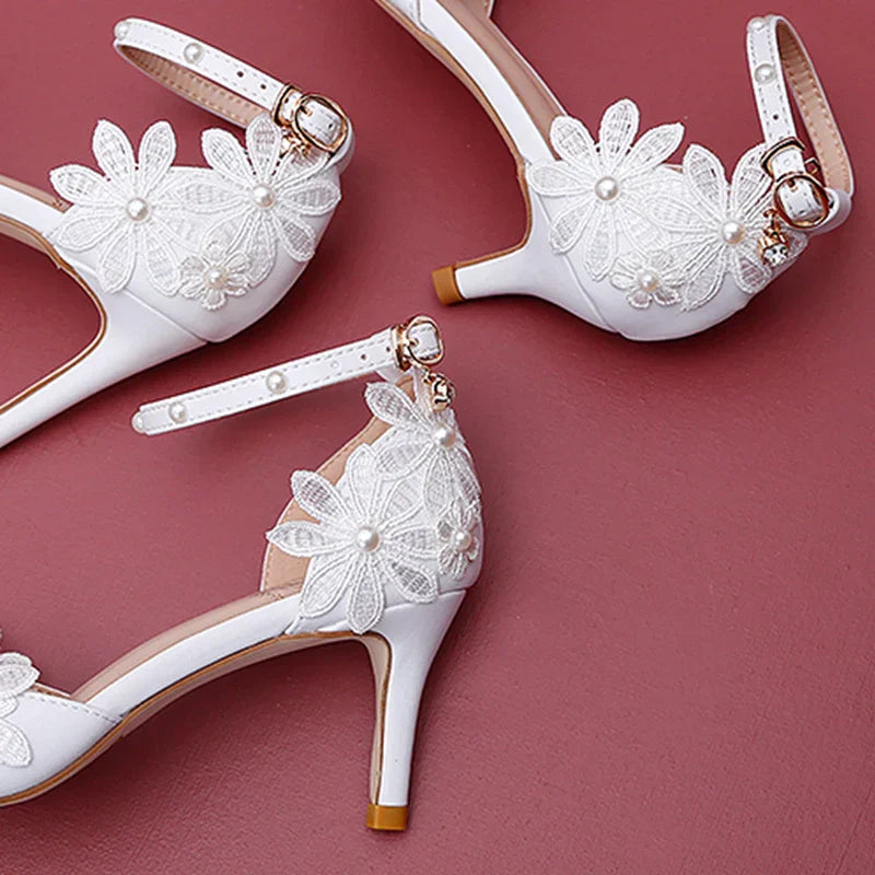 VougeVamp Designer Handmade Sweet White Satin Bridal Sandals – Pointed Toe Stiletto Heels with Lace Flower & Pearl Ankle Strap