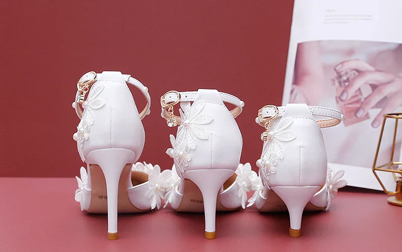 VougeVamp Designer Handmade Sweet White Satin Bridal Sandals – Pointed Toe Stiletto Heels with Lace Flower & Pearl Ankle Strap